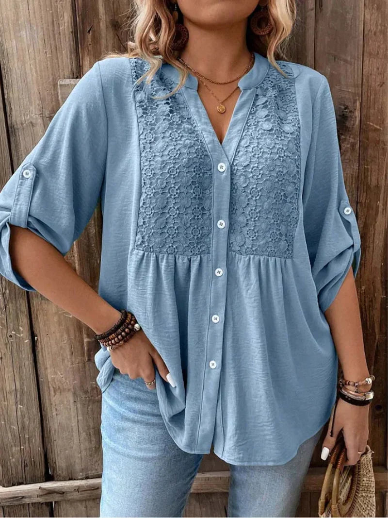Penelope Blusa Mujer – Escote en V, Botones, Mangas Remangables y Corte Fluido