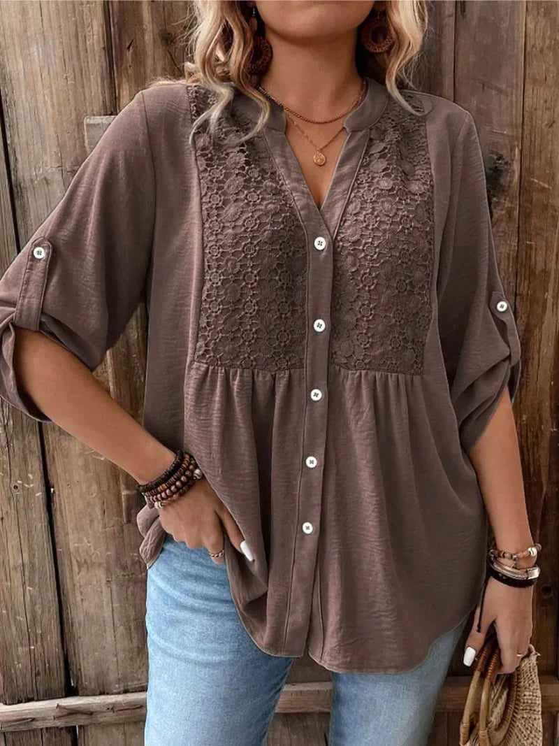 Penelope Blusa Mujer – Escote en V, Botones, Mangas Remangables y Corte Fluido