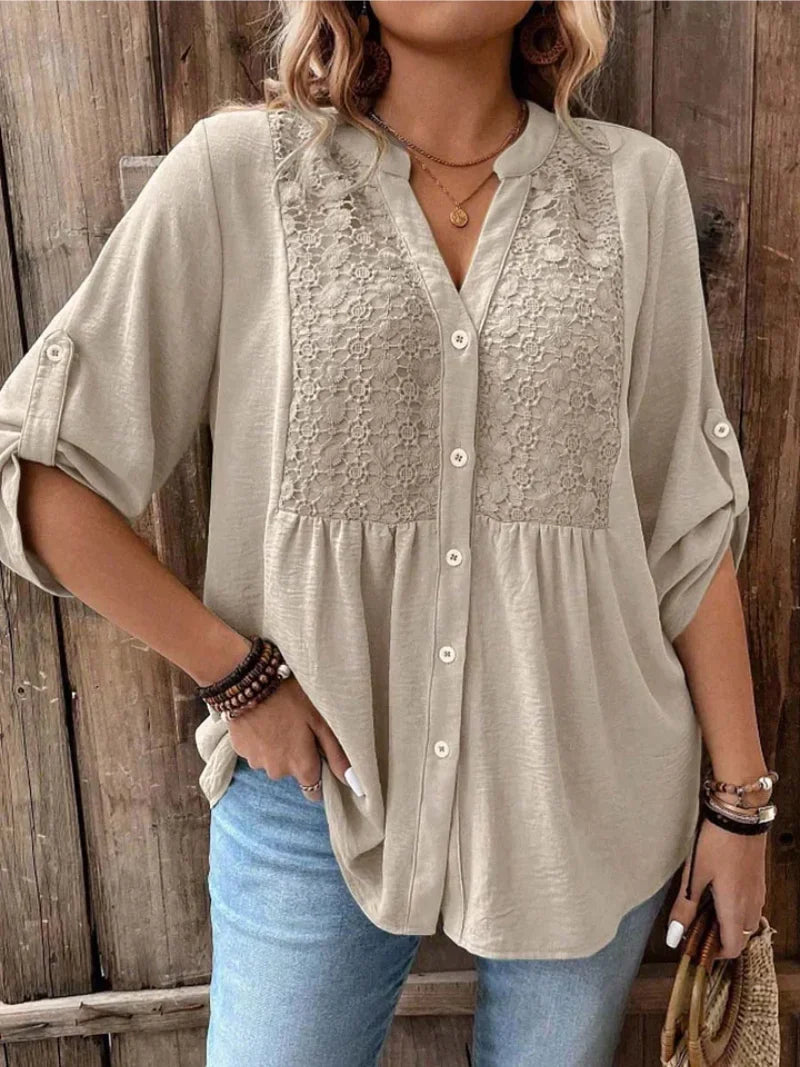 Penelope Blusa Mujer – Escote en V, Botones, Mangas Remangables y Corte Fluido