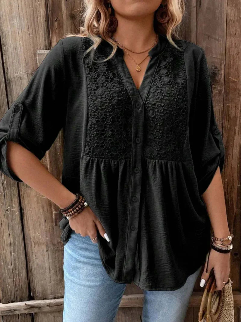 Penelope Blusa Mujer – Escote en V, Botones, Mangas Remangables y Corte Fluido