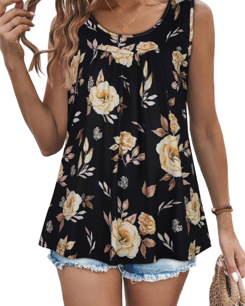 Lily Top Mujer – Blusa Túnica Sin Mangas con Pliegues y Estampado Floral