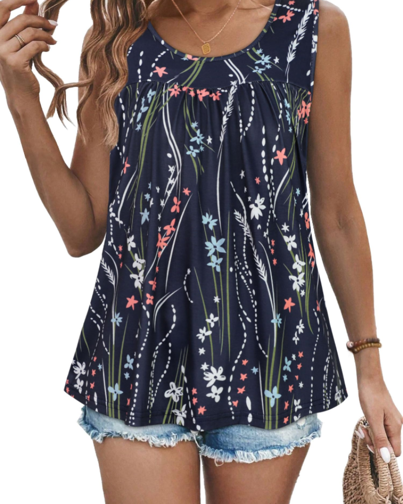 Lily Top Mujer – Blusa Túnica Sin Mangas con Pliegues y Estampado Floral