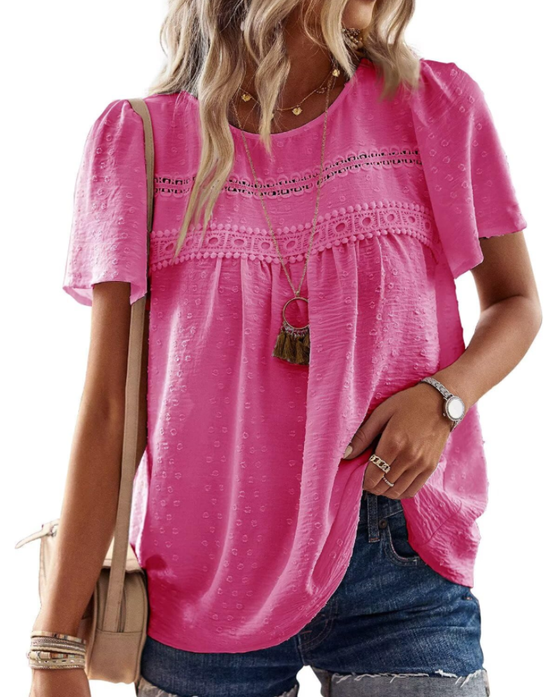 Lila Top Mujer – Blusa Boho con Encaje Crochet, Manga Corta y Cuello Redondo