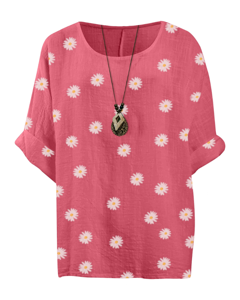 Freya Top Túnica Mujer – Algodón 100%, Estampado Margarita y Manga 3/4