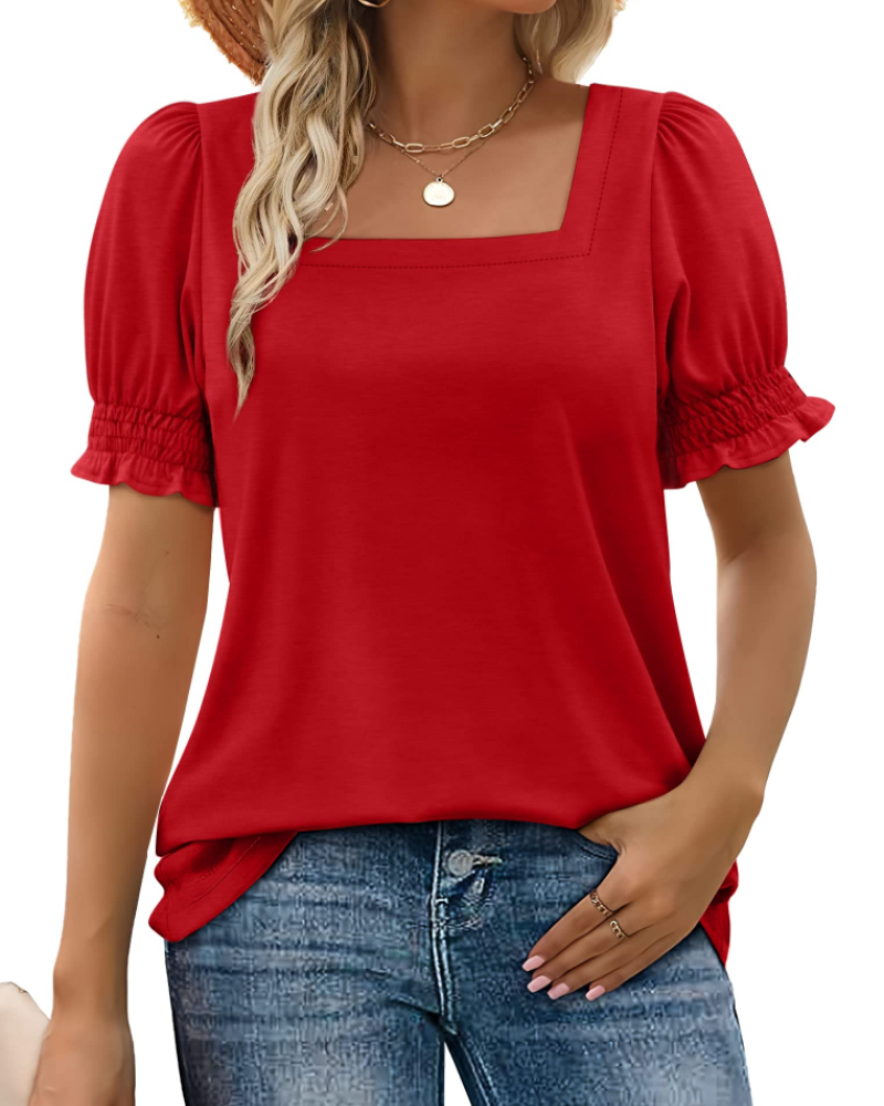 Grace Top Mujer – Camiseta de Verano con Cuello Cuadrado y Mangas con Volantes