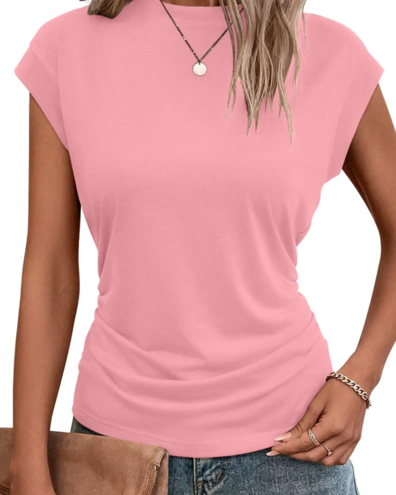 Victoria Camiseta Mujer – Top Ligero con Mangas Cortas y Detalle Plisado