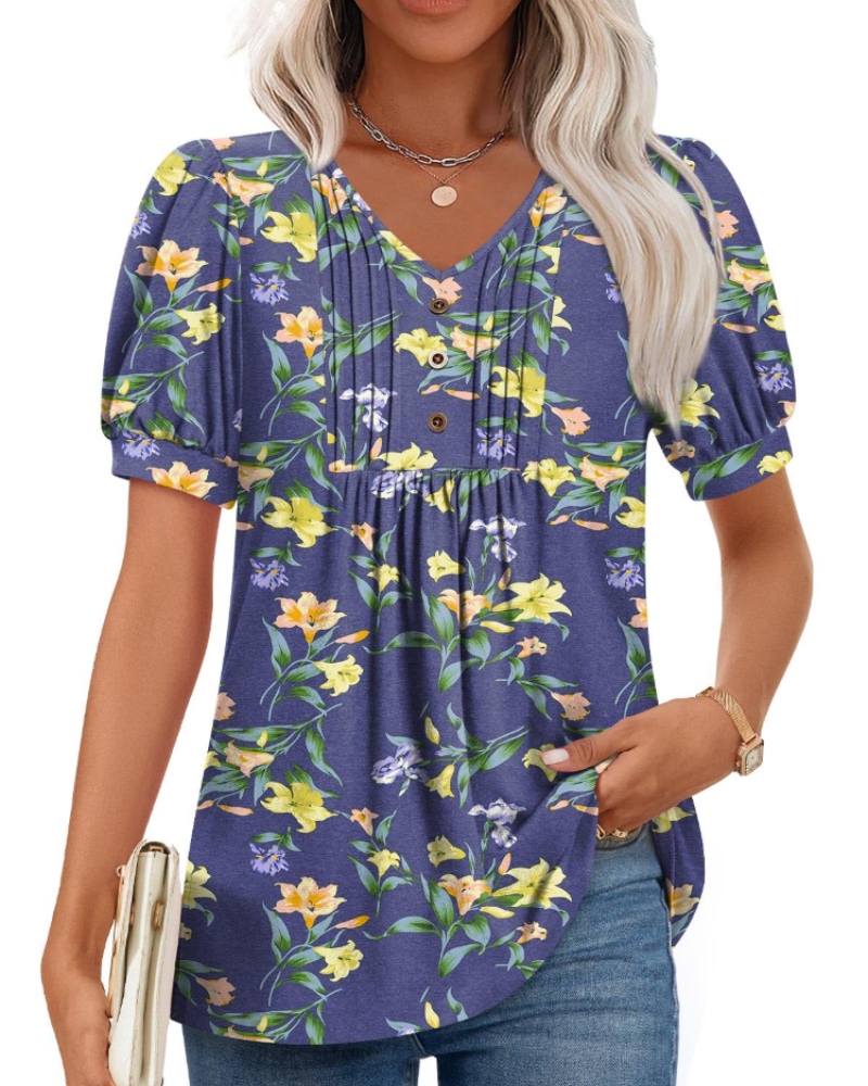 Aubrey Blusa Mujer – V-Cuello con Mangas Abullonadas, Volantes y Botones