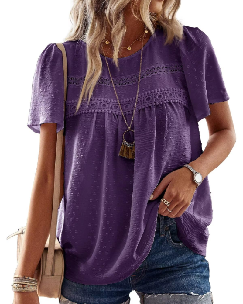 Lila Top Mujer – Blusa Boho con Encaje Crochet, Manga Corta y Cuello Redondo
