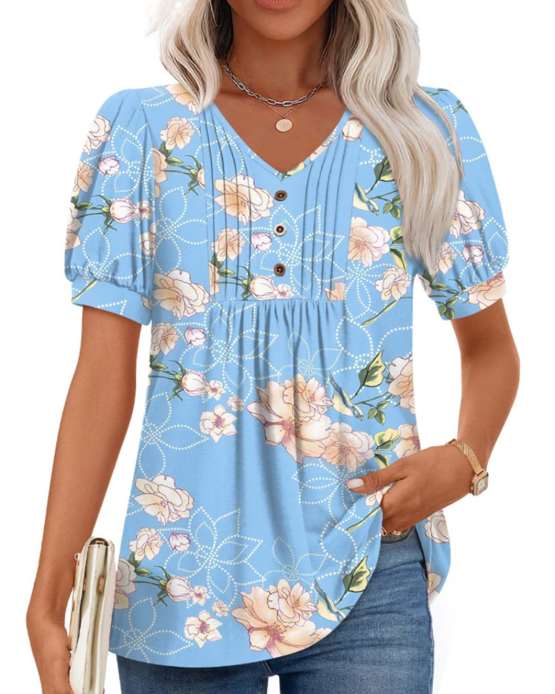 Aubrey Blusa Mujer – V-Cuello con Mangas Abullonadas, Volantes y Botones