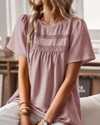 Lila Top Mujer – Blusa Boho con Encaje Crochet, Manga Corta y Cuello Redondo