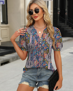 Madison Blusa Túnica Mujer – Escote en V, Manga Abullonada y Plisados