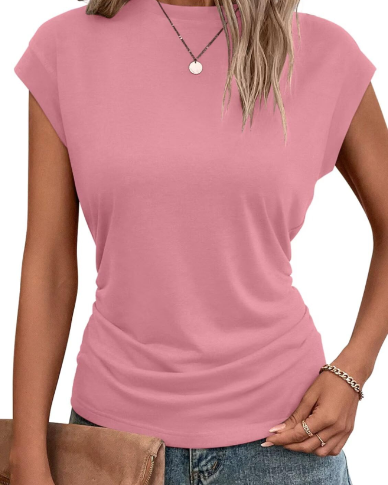 Victoria Camiseta Mujer – Top Ligero con Mangas Cortas y Detalle Plisado