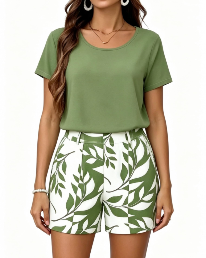 Hailey Conjunto Mujer – Set de 2 Piezas con Estampado de Hojas, Manga Corta y Shorts