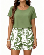 Hailey Conjunto Mujer – Set de 2 Piezas con Estampado de Hojas, Manga Corta y Shorts