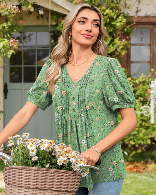Aubrey Women’s Blouse – V-Neck with Puff Sleeves, Ruffles, and Buttons