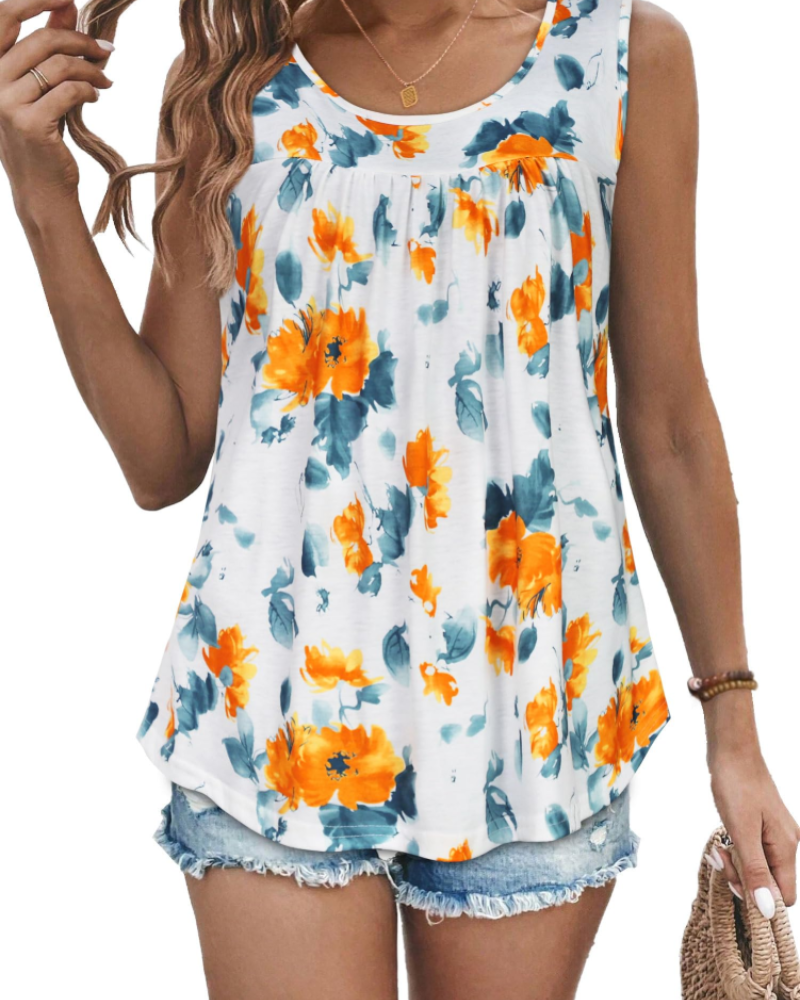 Lily Top Mujer – Blusa Túnica Sin Mangas con Pliegues y Estampado Floral