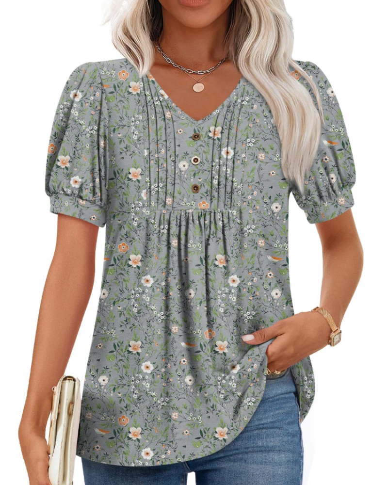 Aubrey Blusa Mujer – V-Cuello con Mangas Abullonadas, Volantes y Botones