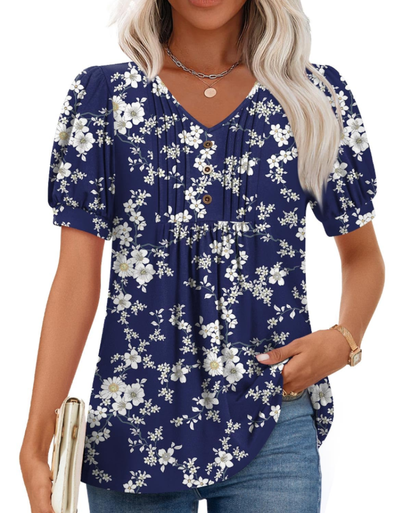 Aubrey Blusa Mujer – V-Cuello con Mangas Abullonadas, Volantes y Botones