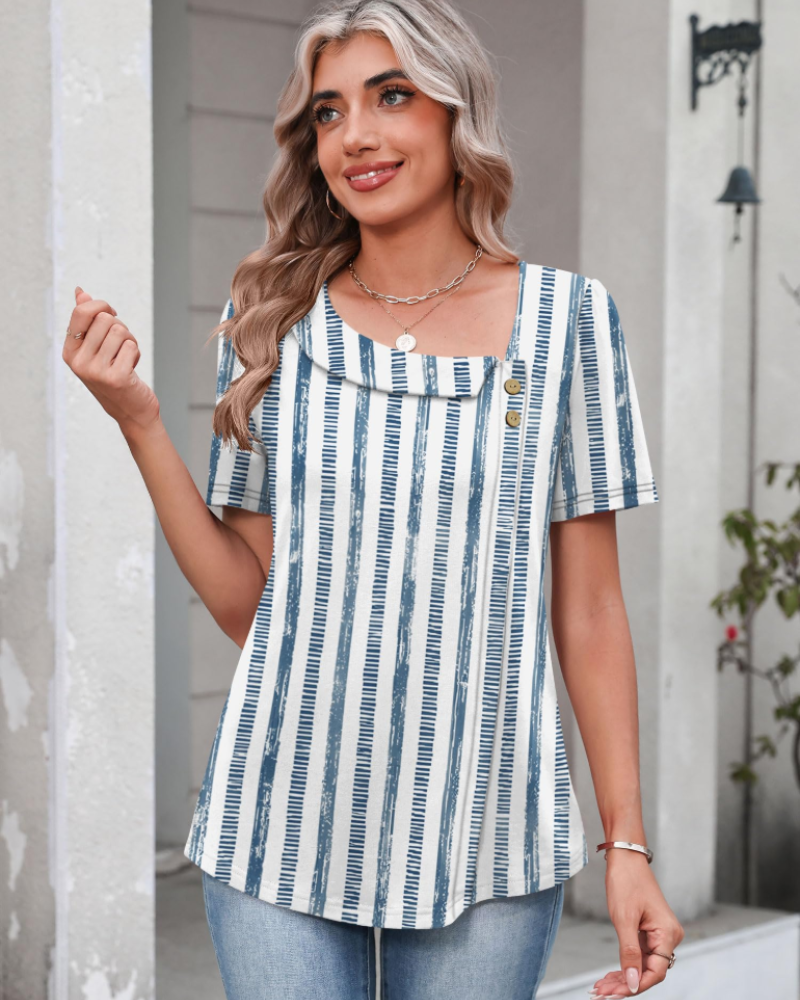 Clara Blusa Mujer – Escote Asimétrico, Botón, Manga Corta y Corte Túnica