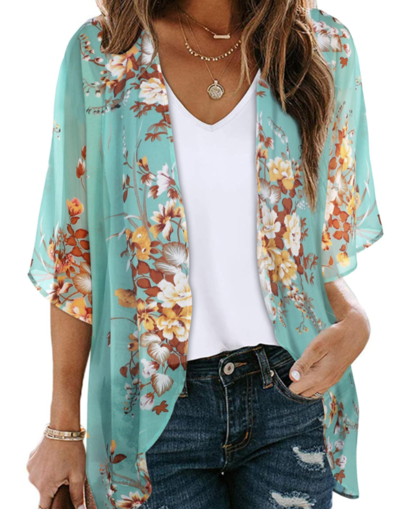 Valeria Kimono Mujer – Cárdigan Chifón Floral, Frente Abierto y Manga 3/4