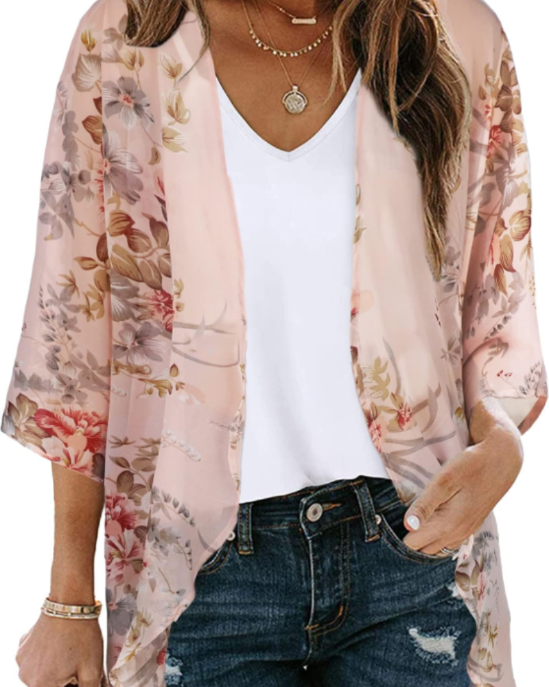Valeria Kimono Mujer – Cárdigan Chifón Floral, Frente Abierto y Manga 3/4
