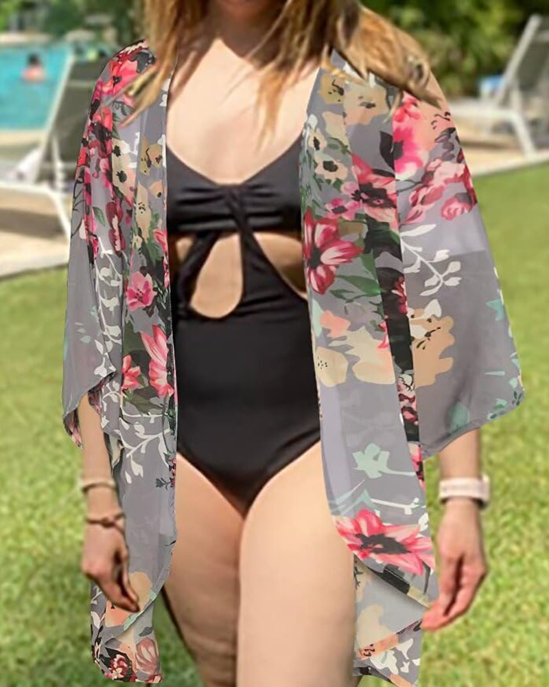 Valeria Kimono Mujer – Cárdigan Chifón Floral, Frente Abierto y Manga 3/4