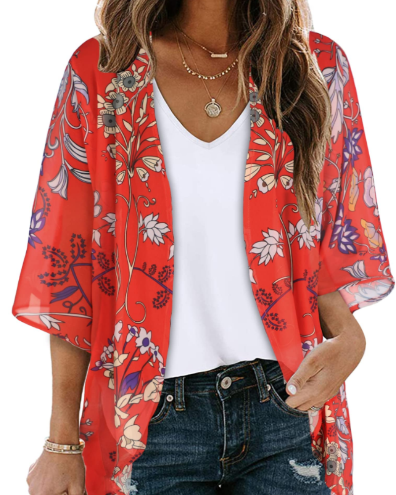 Valeria Kimono Mujer – Cárdigan Chifón Floral, Frente Abierto y Manga 3/4