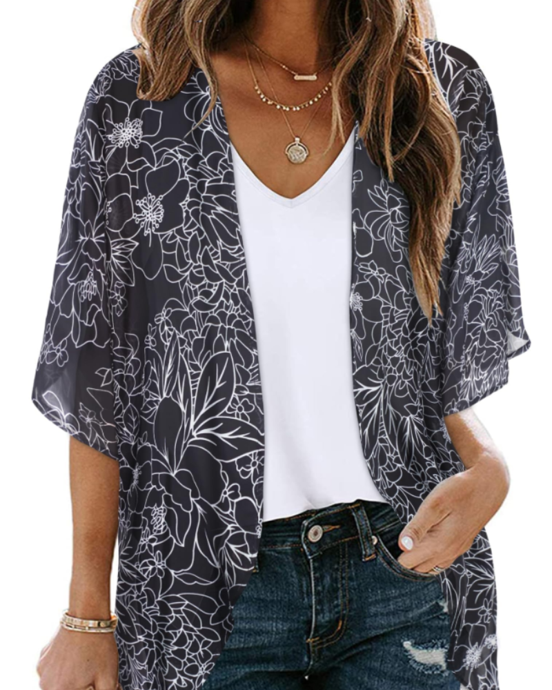 Valeria Kimono Mujer – Cárdigan Chifón Floral, Frente Abierto y Manga 3/4