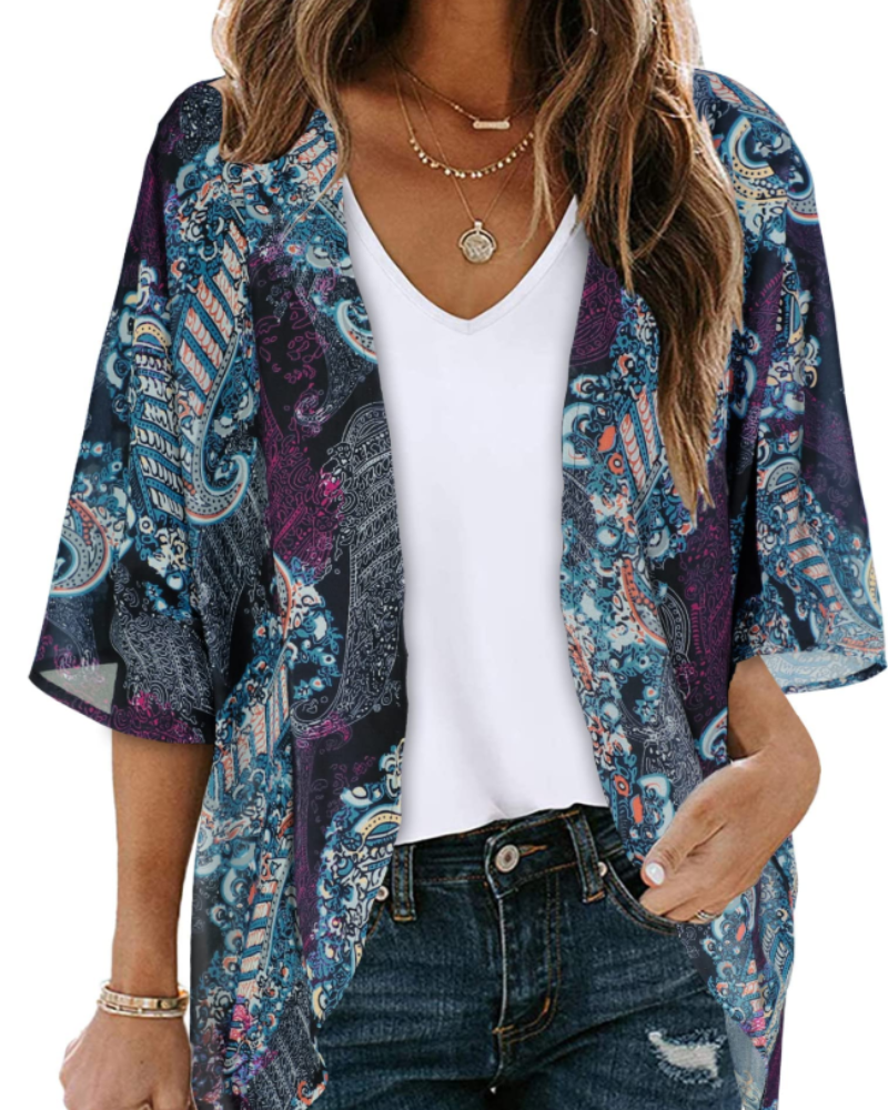 Valeria Kimono Mujer – Cárdigan Chifón Floral, Frente Abierto y Manga 3/4