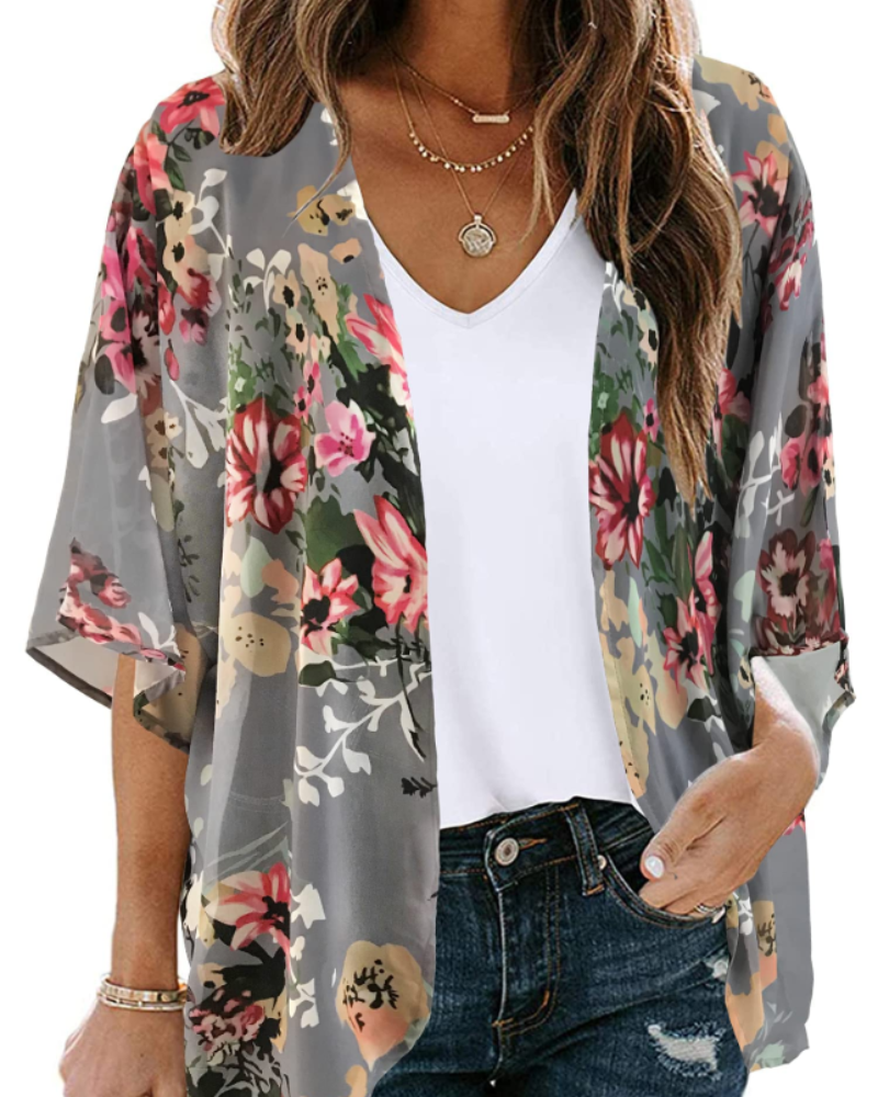 Valeria Kimono Mujer – Cárdigan Chifón Floral, Frente Abierto y Manga 3/4