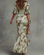 Delilah Vestido de Satén Floral Mujer – Escote en V, Cintura Fruncida y Volantes