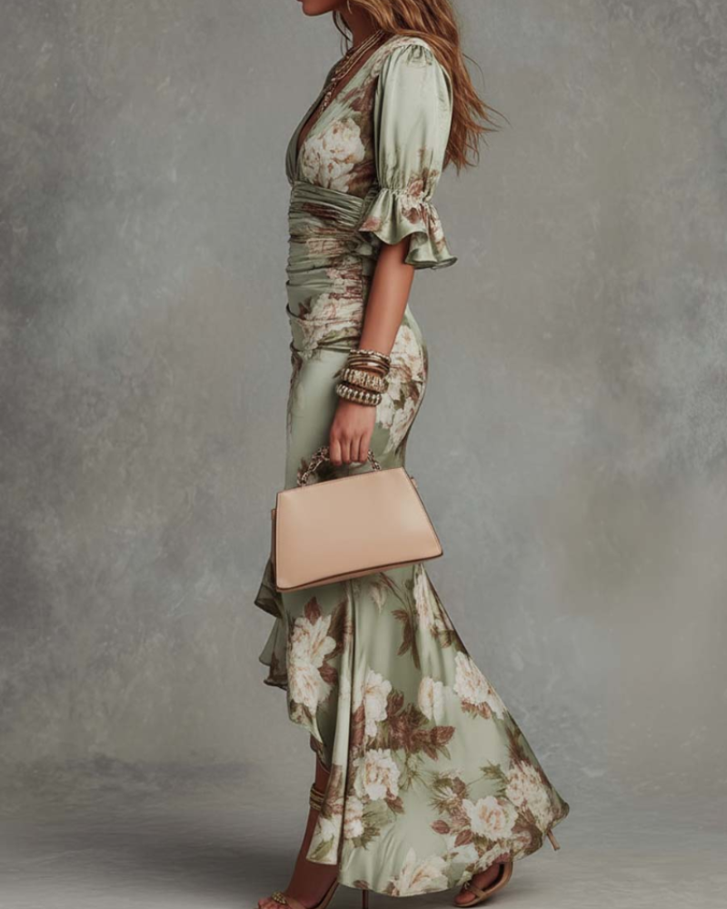 Delilah Vestido de Satén Floral Mujer – Escote en V, Cintura Fruncida y Volantes