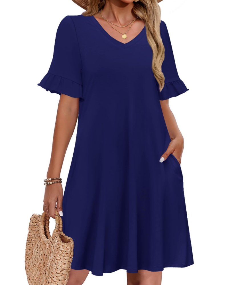 Clara Vestido Mujer – Corte Línea A, Escote en V, Manga Volante y Bolsillos