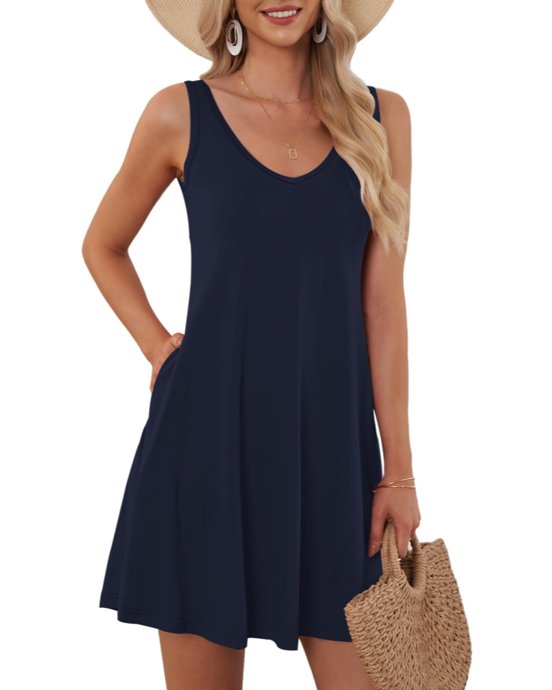Chloe Vestido Mujer – Sin Mangas con V-Cuello, Corte A-Line y Bolsillos