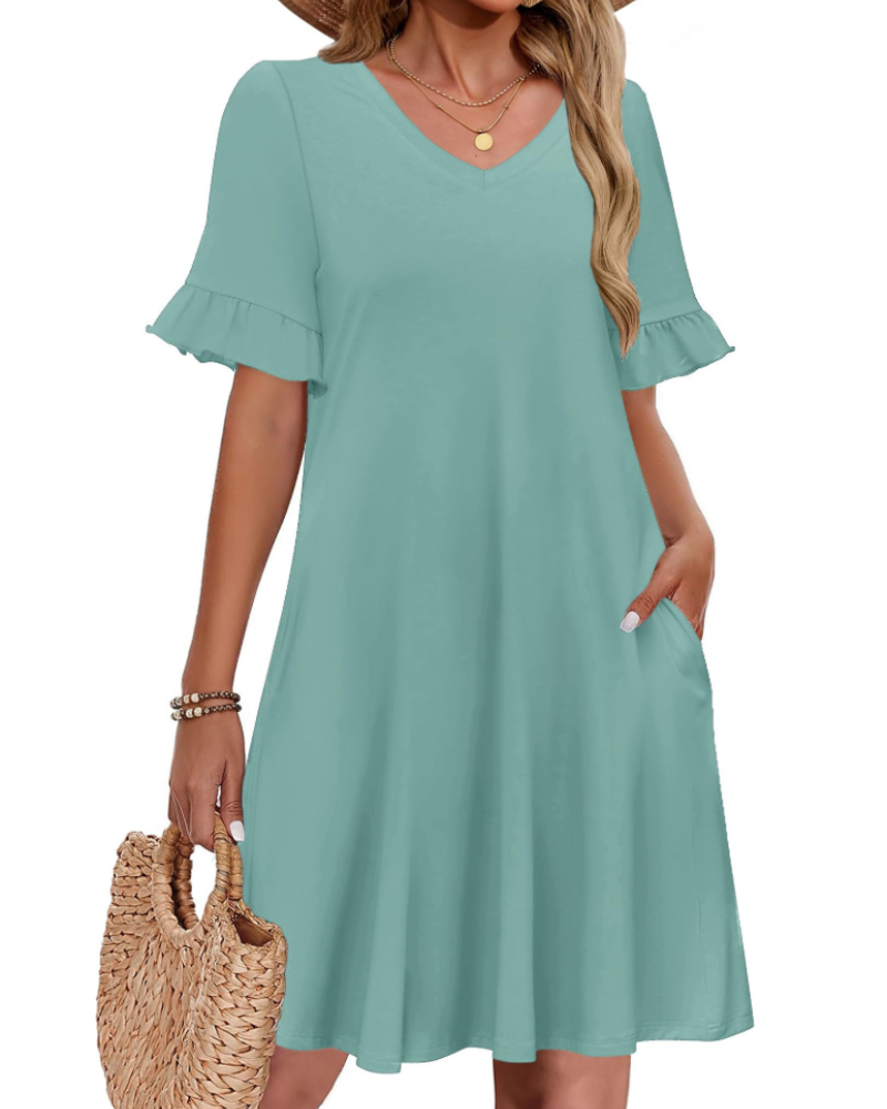 Clara Vestido Mujer – Corte Línea A, Escote en V, Manga Volante y Bolsillos