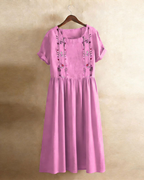 Nadine Vestido Midi Mujer – Algodón Lino, Bordado Floral, Línea A y Bolsillos