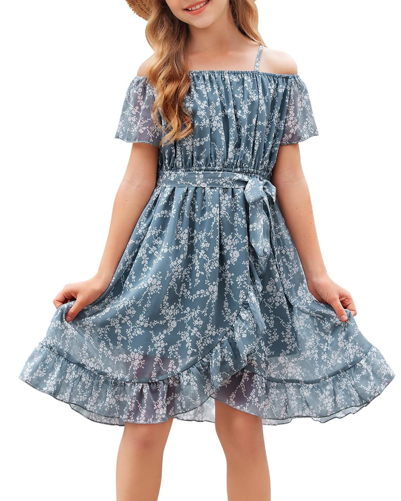 Maisie Vestido Niña Chifón Floral – Tirantes Ajustables, Cinturón y Largo Rodilla