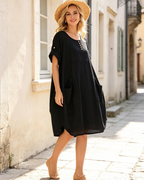 Marina Vestido Camiseta Mujer – Mezcla Lino, Bolsillos Grandes y Botones