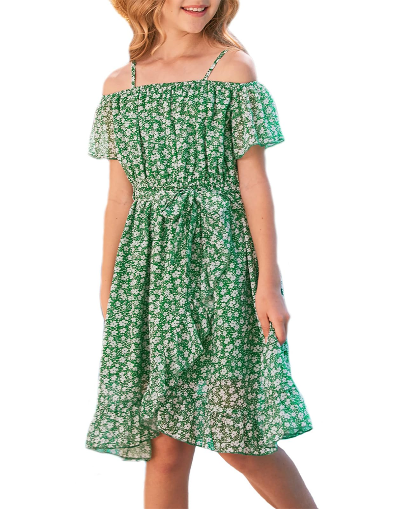 Maisie Vestido Niña Chifón Floral – Tirantes Ajustables, Cinturón y Largo Rodilla