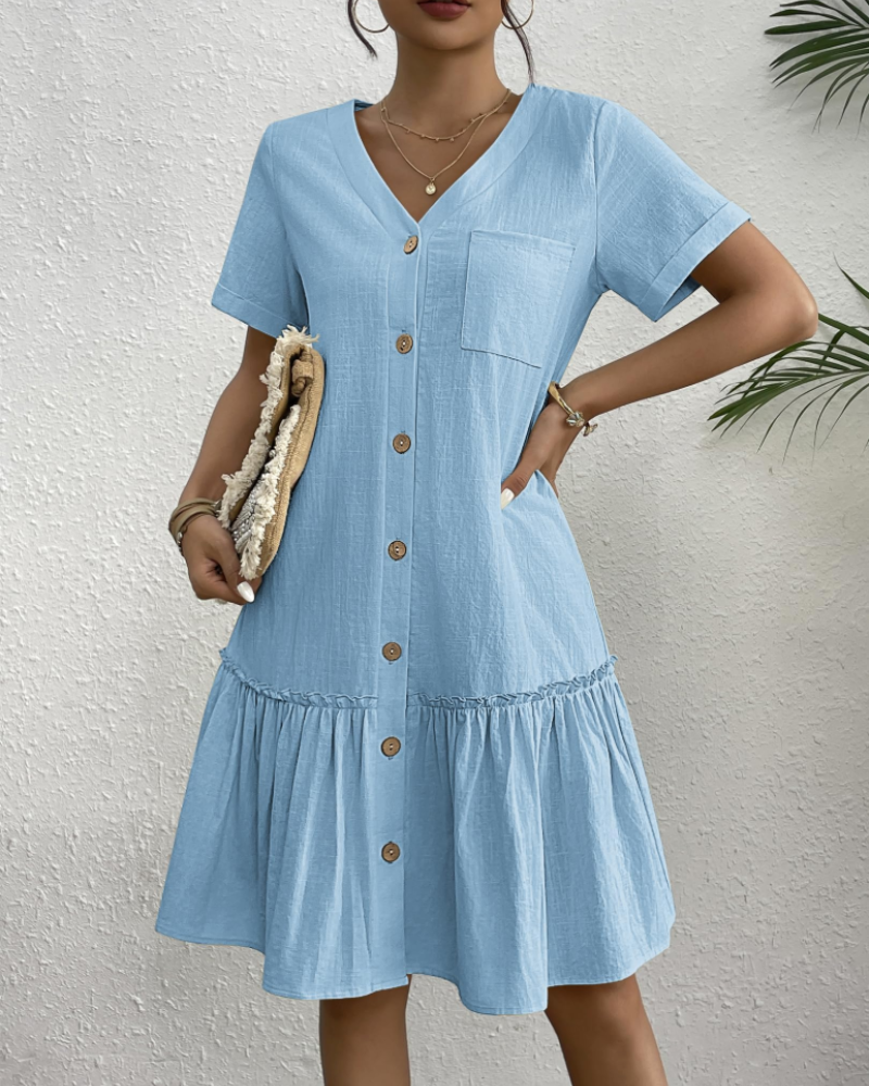 Daisy Vestido de Lino Mujer – Vestido de Verano Ligero con Cuello V y Botones de Madera