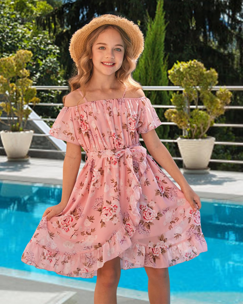 Robe Maisie pour fille en chiffon floral – bretelles ajustables, ceinture et longueur genou