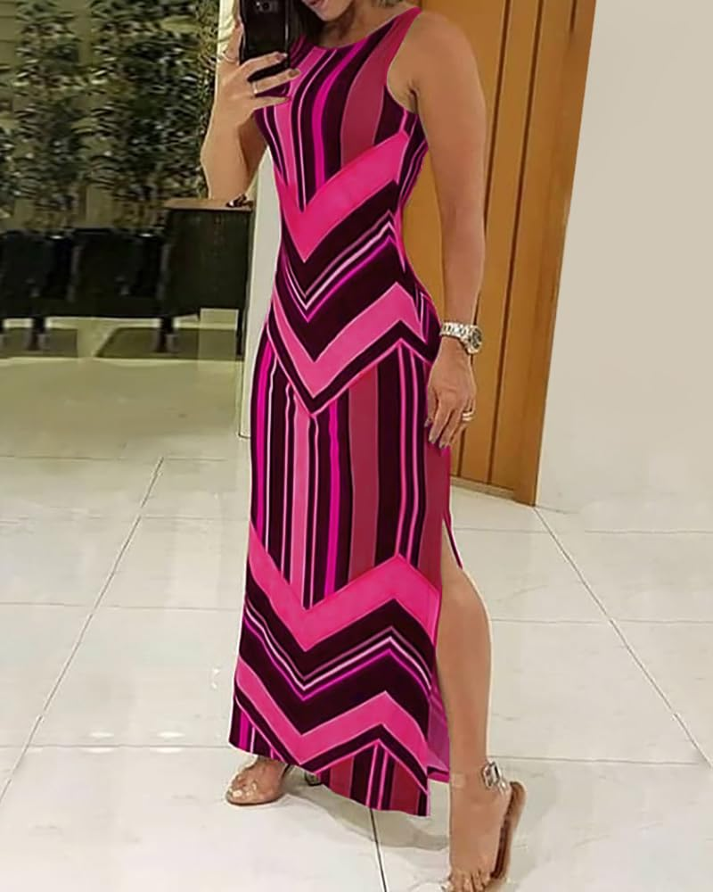 Brooke Vestido Maxi Mujer – Estampado de Rayas, Sin Mangas, Abertura Lateral y Corte Elegante