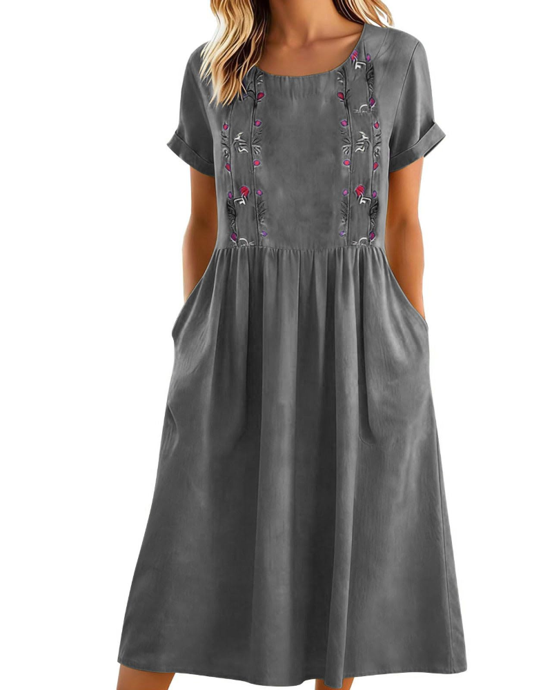 Nadine Vestido Midi Mujer – Algodón Lino, Bordado Floral, Línea A y Bolsillos