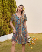 Ayla Vestido Midi Mujer – Boho, Viscosa 100%, Escote en V y Cordón con Borlas