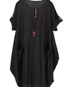 Marina Vestido Camiseta Mujer – Mezcla Lino, Bolsillos Grandes y Botones