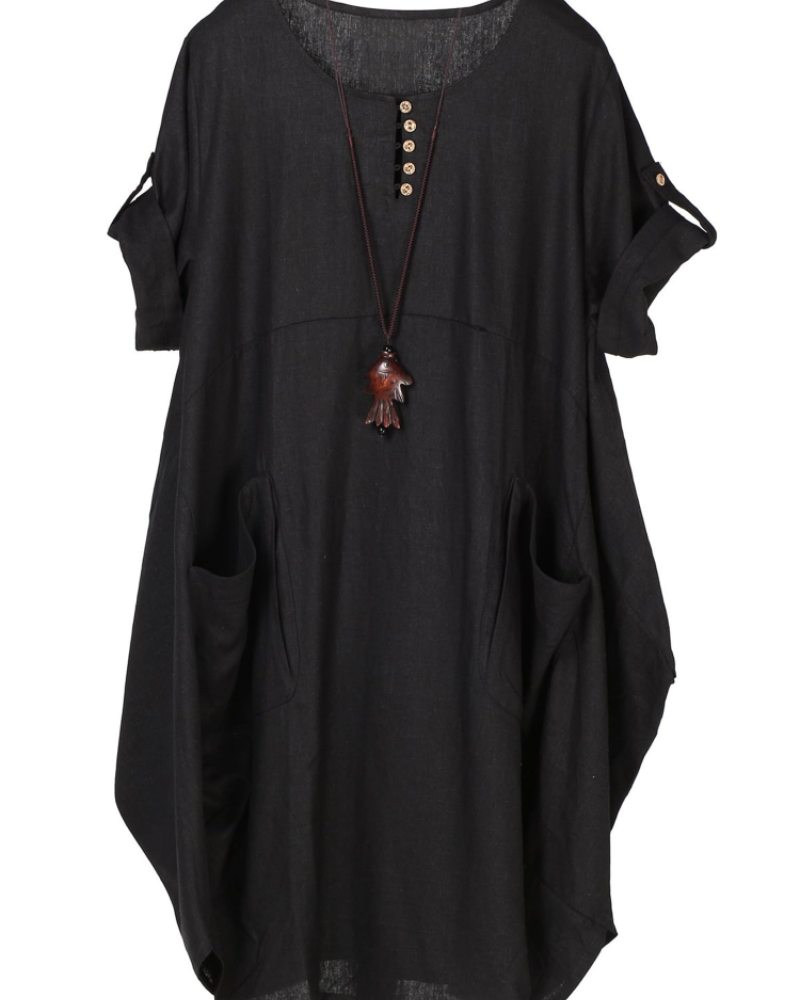 Marina Vestido Camiseta Mujer – Mezcla Lino, Bolsillos Grandes y Botones