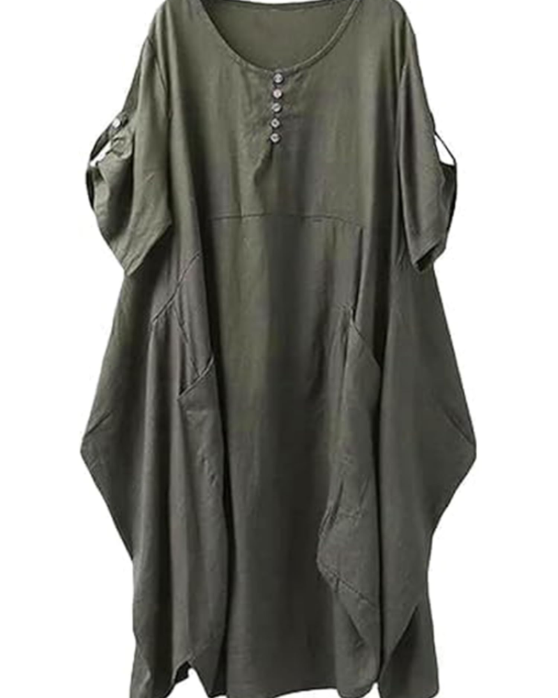 Marina Vestido Camiseta Mujer – Mezcla Lino, Bolsillos Grandes y Botones