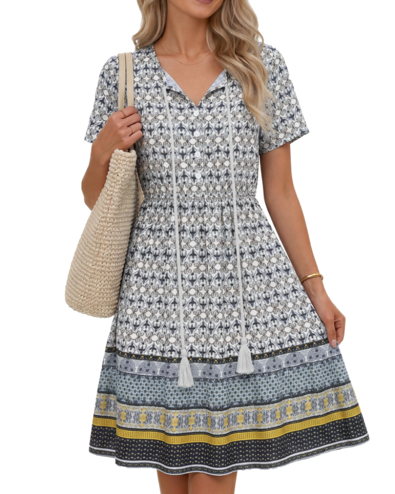 Ayla Vestido Midi Mujer – Boho, Viscosa 100%, Escote en V y Cordón con Borlas