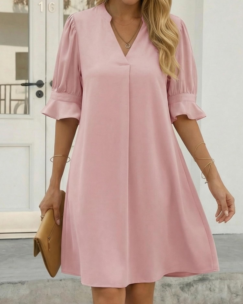 Claire Vestido Midi Mujer – V-Cuello con Mangas de Volantes y Corte Suelto