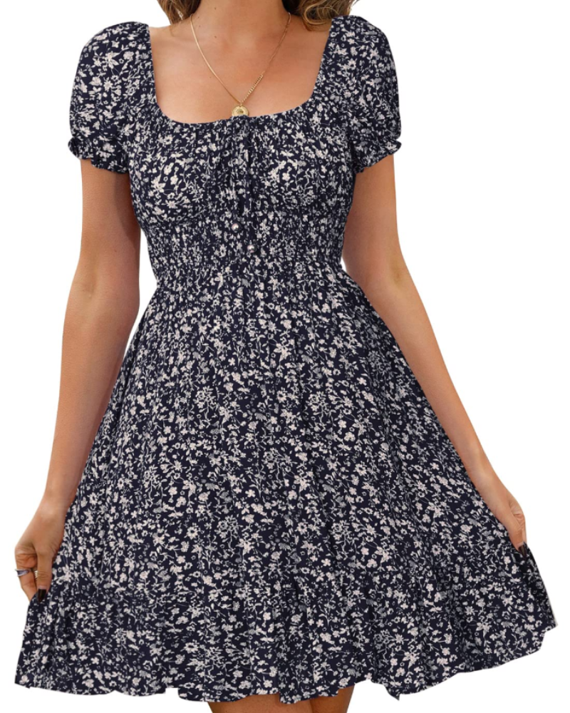 Stella Vestido Mini Mujer – Floral con Manga Abullonada y Espalda Abierta